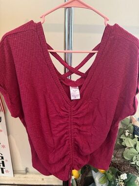 No Boundaries Crisscross Ruched V-Neck Top - Berry